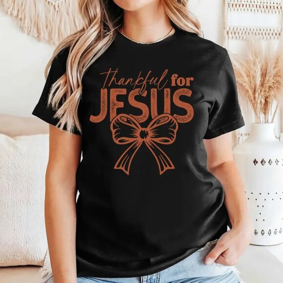 Tops - Thankful Graphic Bow Tee, Christian Thanksgiving Shirt